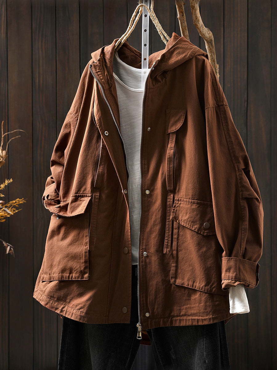 Women Autumn Pure Color 100%Cotton Hooded Coat