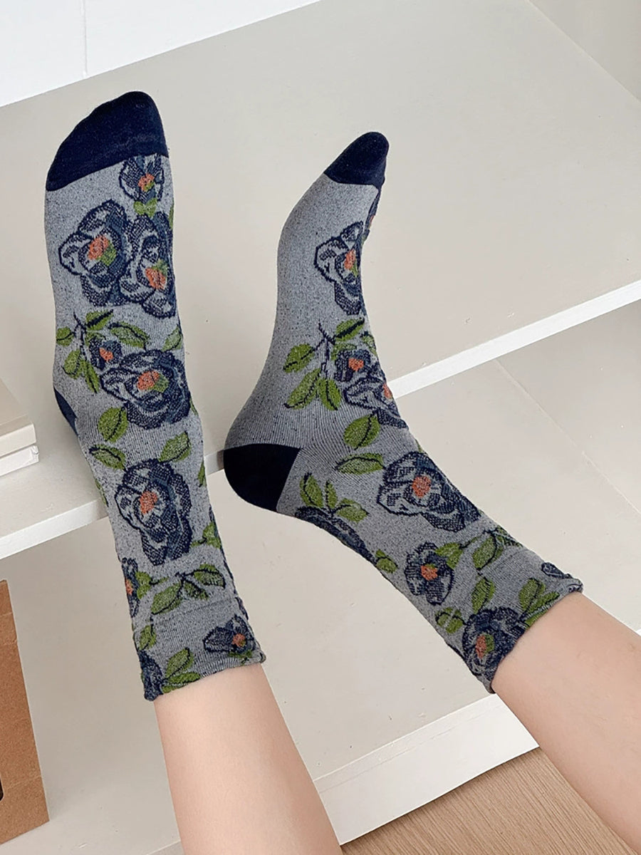5 Pairs Women Autumn Flower Mid Heel Socks
