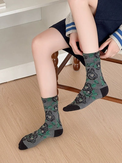 5 Pairs Women Autumn Flower Mid Heel Socks