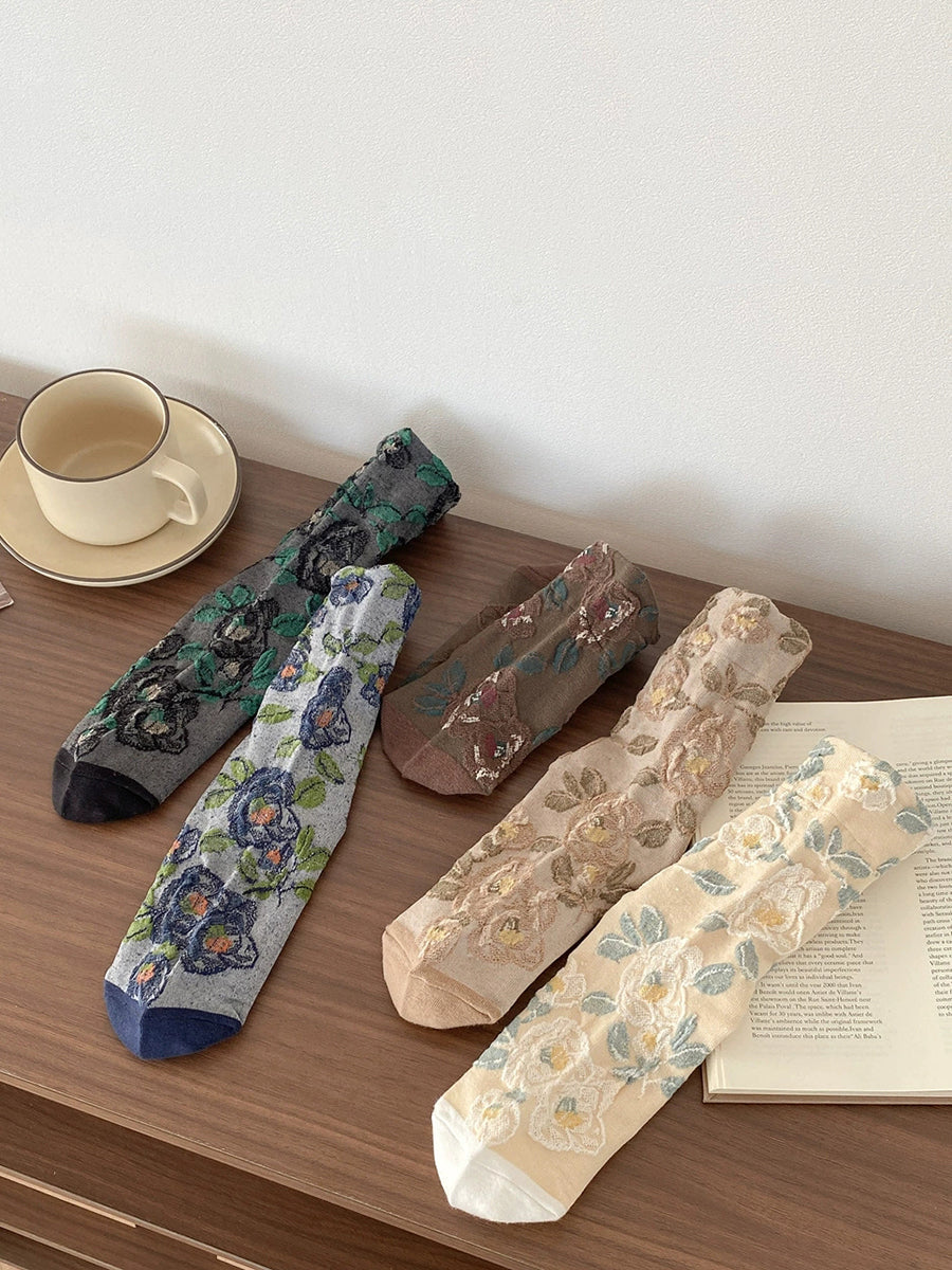 5 Pairs Women Autumn Flower Mid Heel Socks