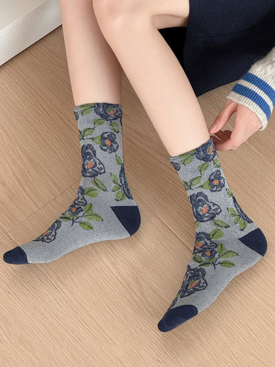 5 Pairs Women Autumn Flower Mid Heel Socks