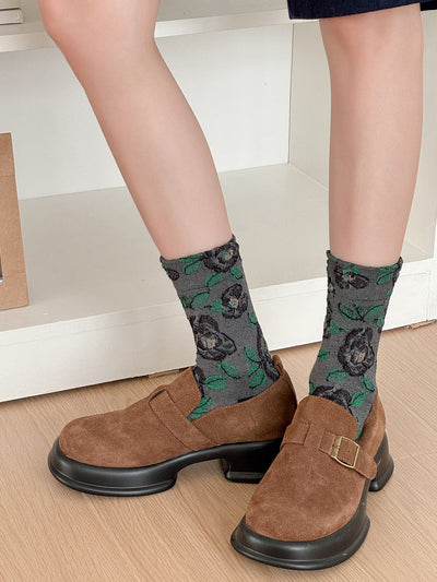 5 Pairs Women Autumn Flower Mid Heel Socks