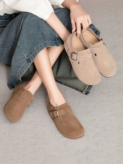 Women Summer Pure Color Leather Suede Flat Shoes