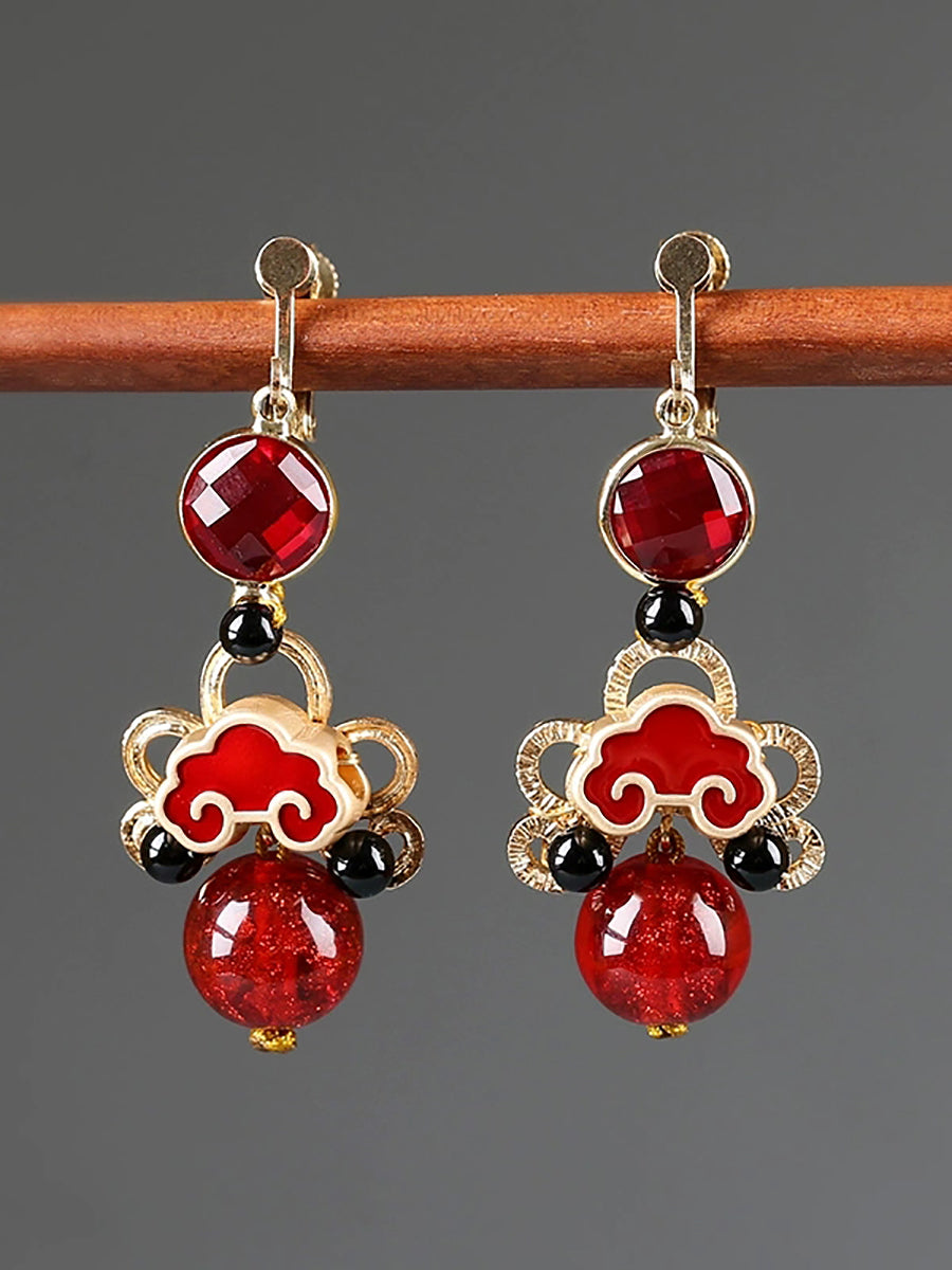 Women Ethnic Red Agate Glass Cloisonne S925Silver Earrings