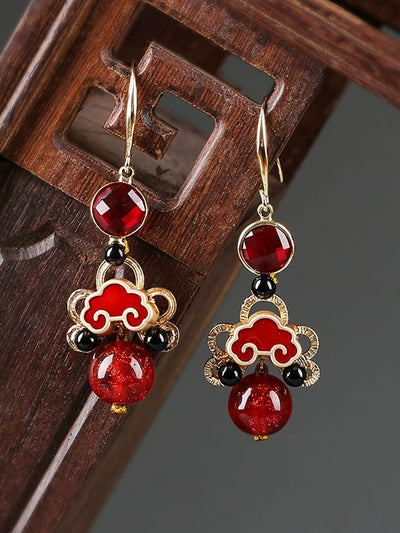 Women Ethnic Red Agate Glass Cloisonne S925Silver Earrings