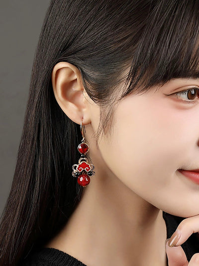 Women Ethnic Red Agate Glass Cloisonne S925Silver Earrings