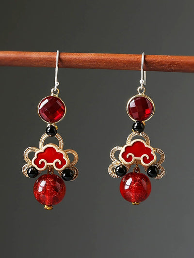 Women Ethnic Red Agate Glass Cloisonne S925Silver Earrings