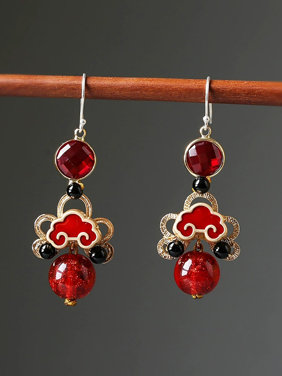 Women Ethnic Red Agate Glass Cloisonne S925Silver Earrings