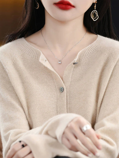 Women Autumn Casual Knitted Wool O-Neck Cardigan Sweater