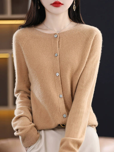 Women Autumn Casual Knitted Wool O-Neck Cardigan Sweater