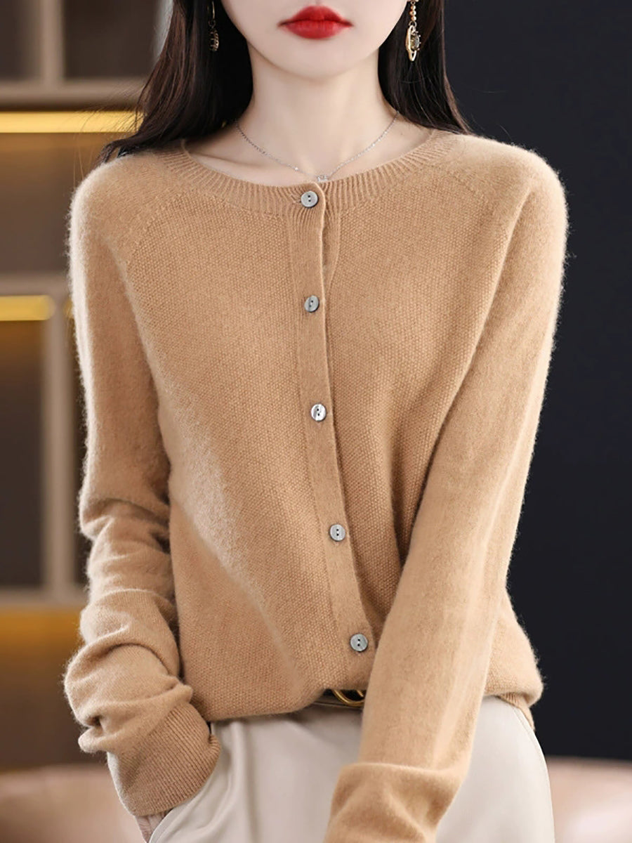 Women Autumn Casual Knitted Wool O-Neck Cardigan Sweater