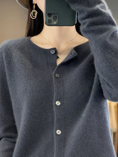 Women Autumn Casual Knitted Wool O-Neck Cardigan Sweater