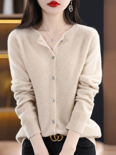 Women Autumn Casual Knitted Wool O-Neck Cardigan Sweater