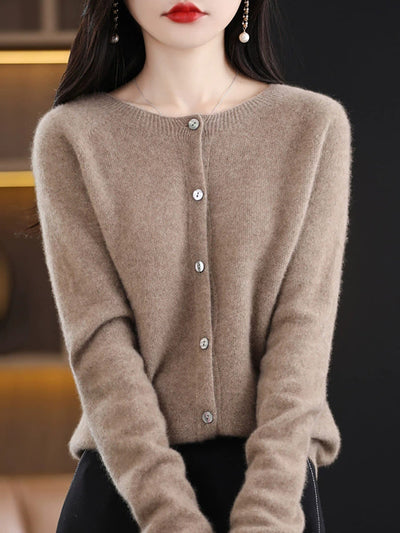 Women Autumn Casual Knitted Wool O-Neck Cardigan Sweater