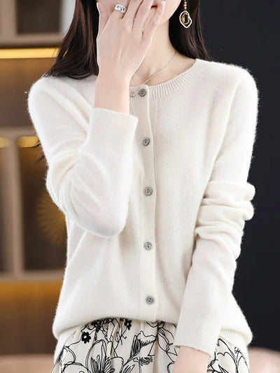 Women Autumn Casual Knitted Wool O-Neck Cardigan Sweater