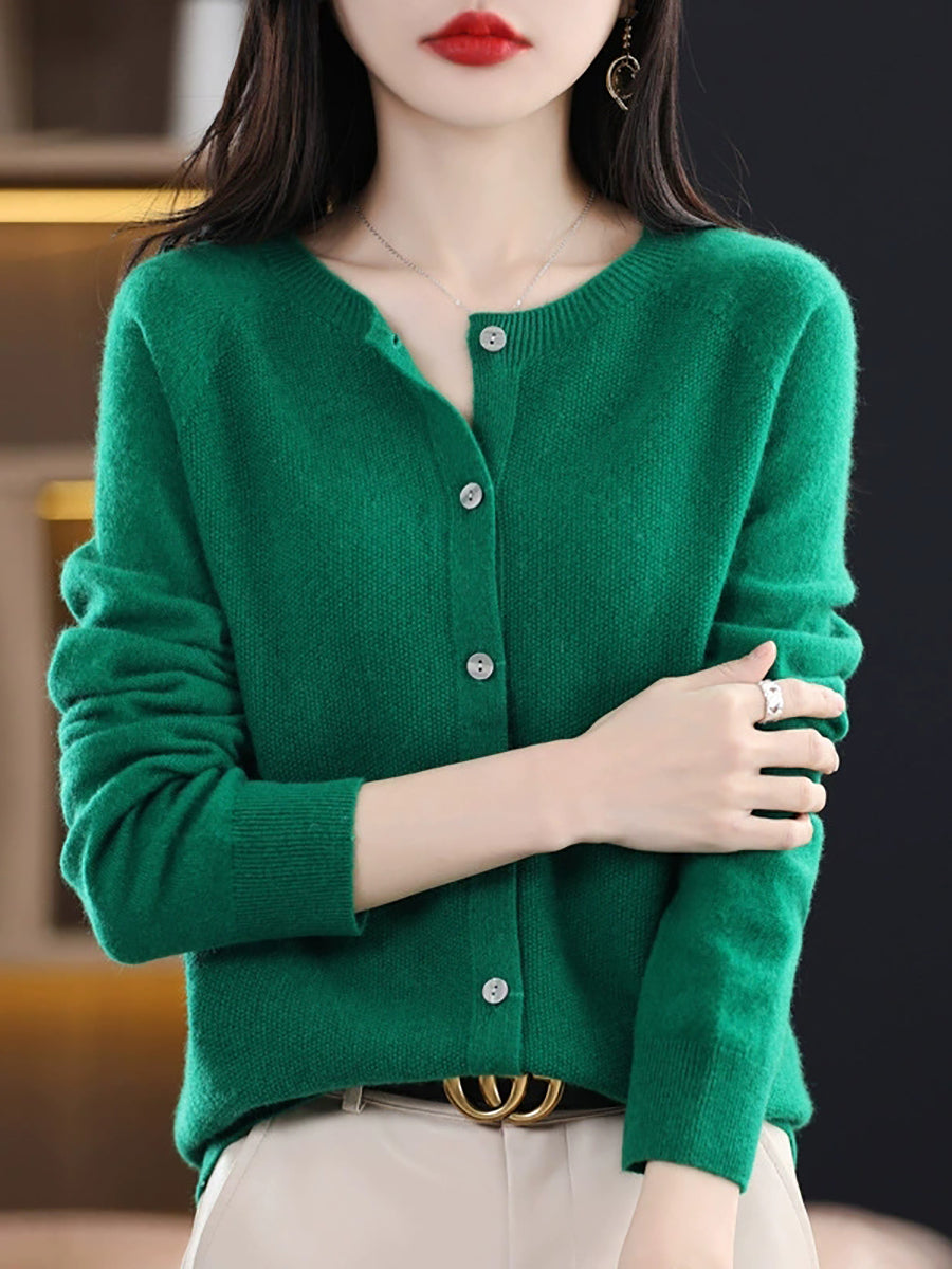 Women Autumn Casual Knitted Wool O-Neck Cardigan Sweater