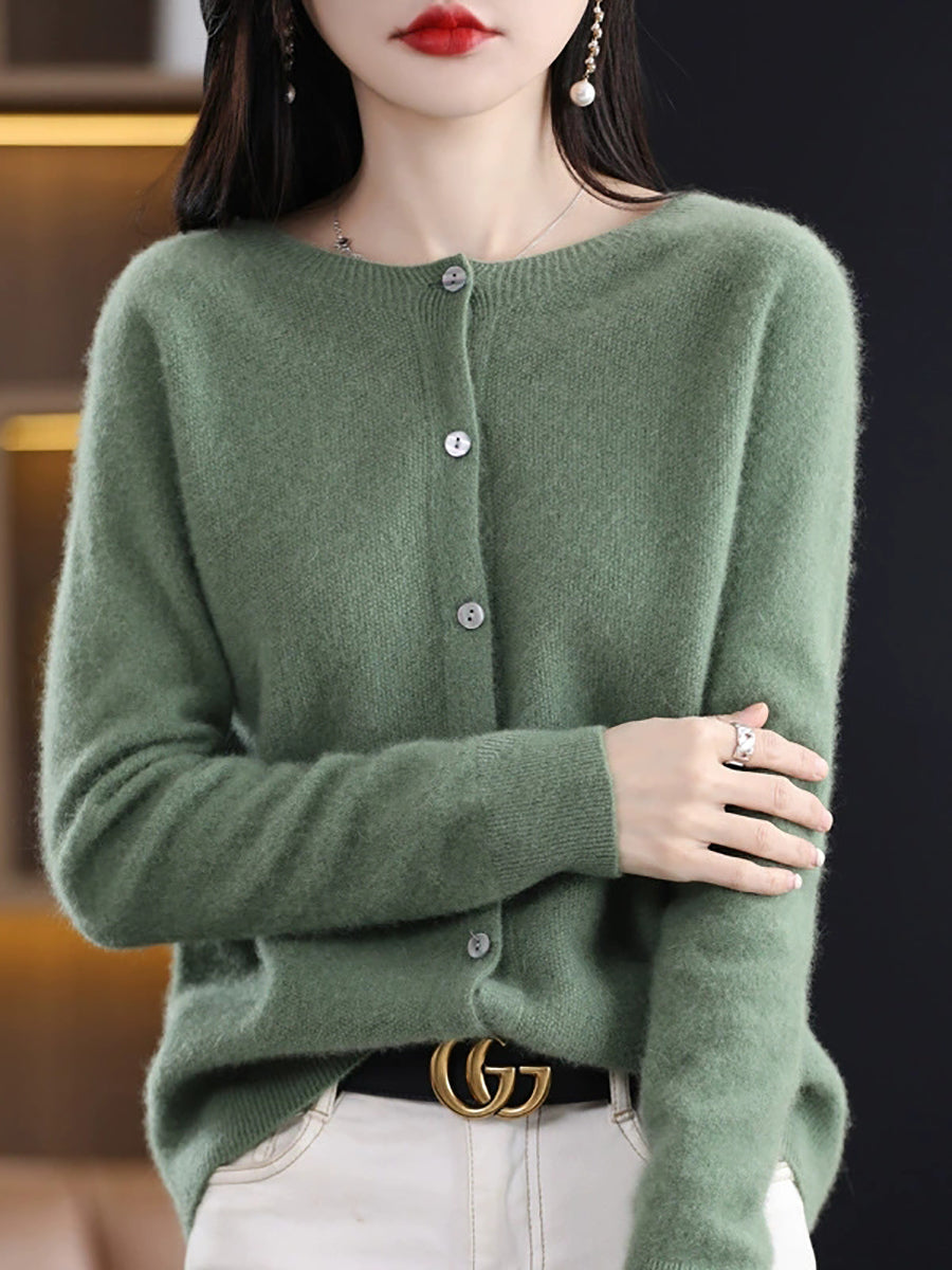 Women Autumn Casual Knitted Wool O-Neck Cardigan Sweater
