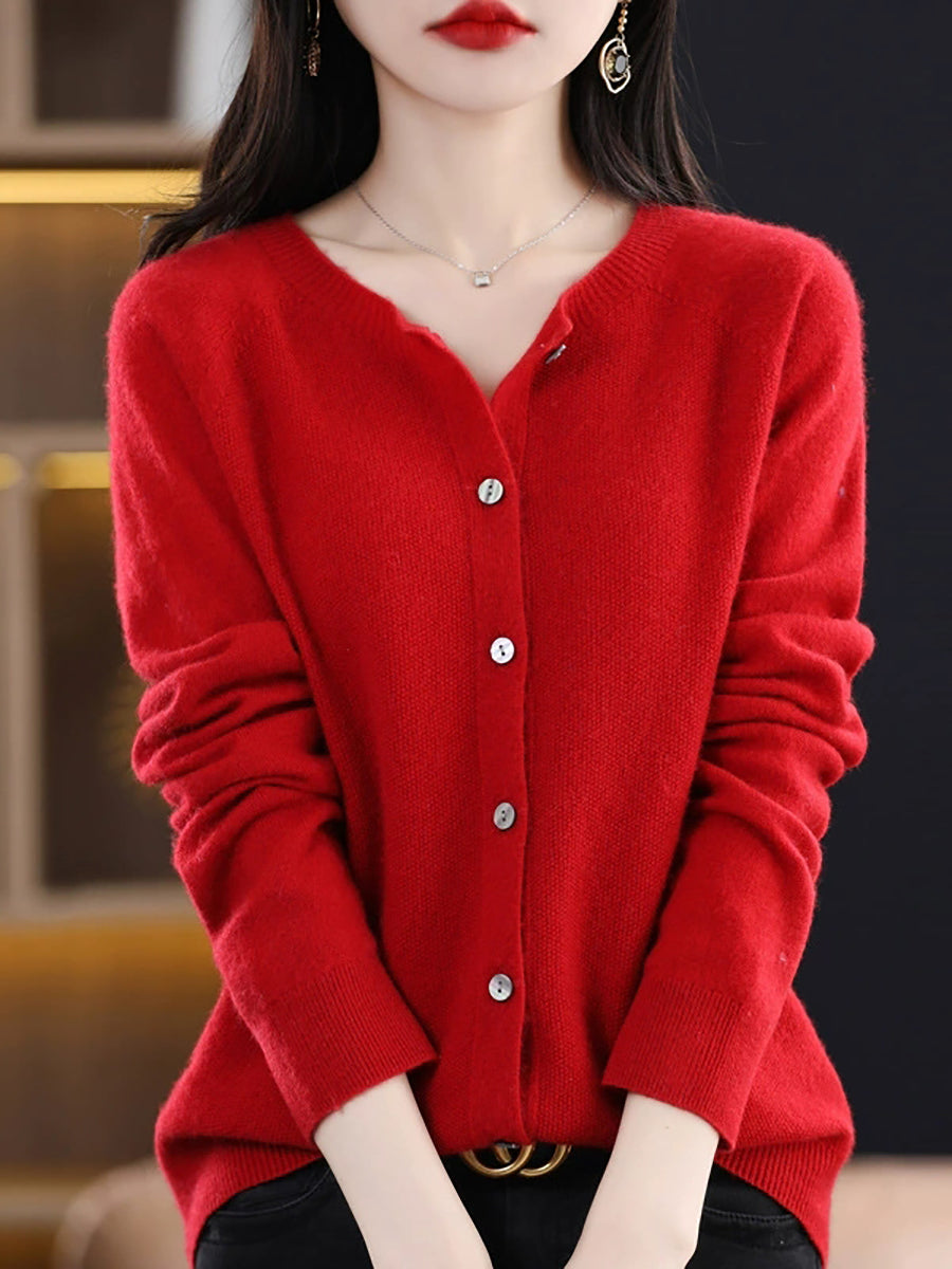 Women Autumn Casual Knitted Wool O-Neck Cardigan Sweater