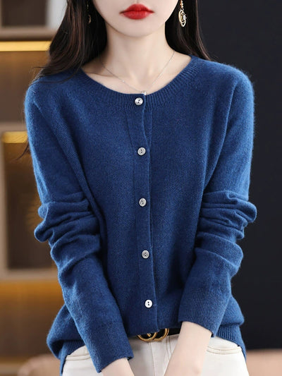 Women Autumn Casual Knitted Wool O-Neck Cardigan Sweater