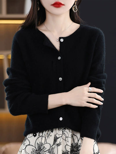 Women Autumn Casual Knitted Wool O-Neck Cardigan Sweater