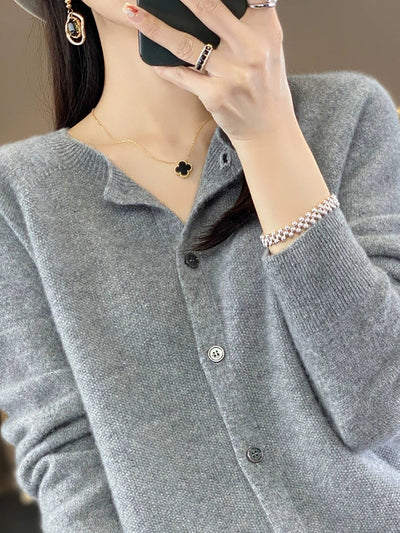 Women Autumn Casual Knitted Wool O-Neck Cardigan Sweater