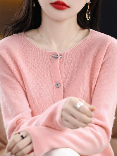 Women Autumn Casual Knitted Wool O-Neck Cardigan Sweater