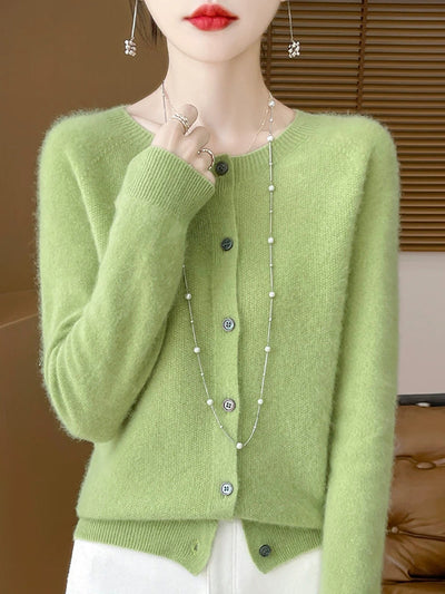 Women Autumn Casual Knitted Wool O-Neck Cardigan Sweater