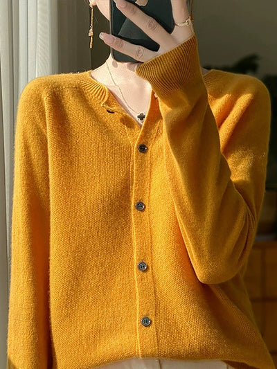 Women Autumn Casual Knitted Wool O-Neck Cardigan Sweater