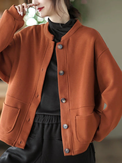 Women Autumn Pure Color O-Neck Cotton Coat