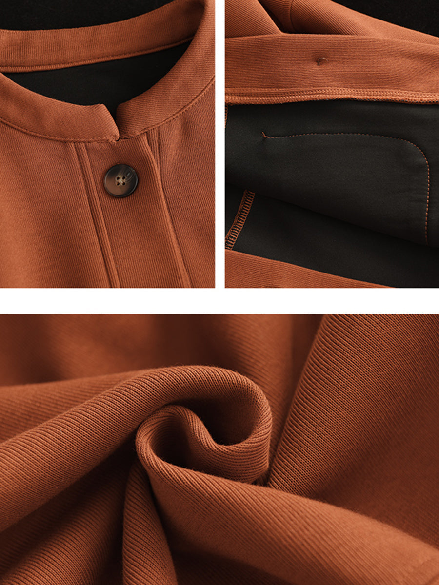 Women Autumn Pure Color O-Neck Cotton Coat