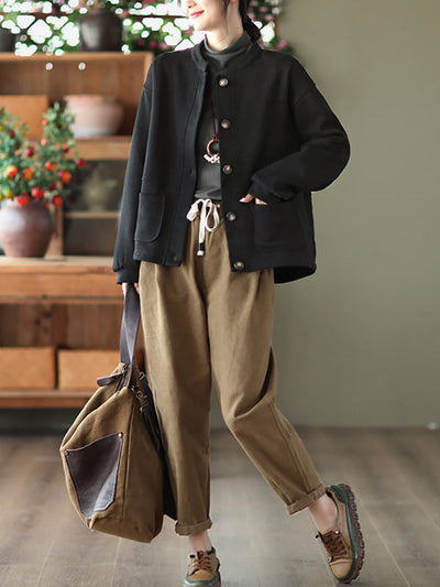 Women Autumn Pure Color O-Neck Cotton Coat