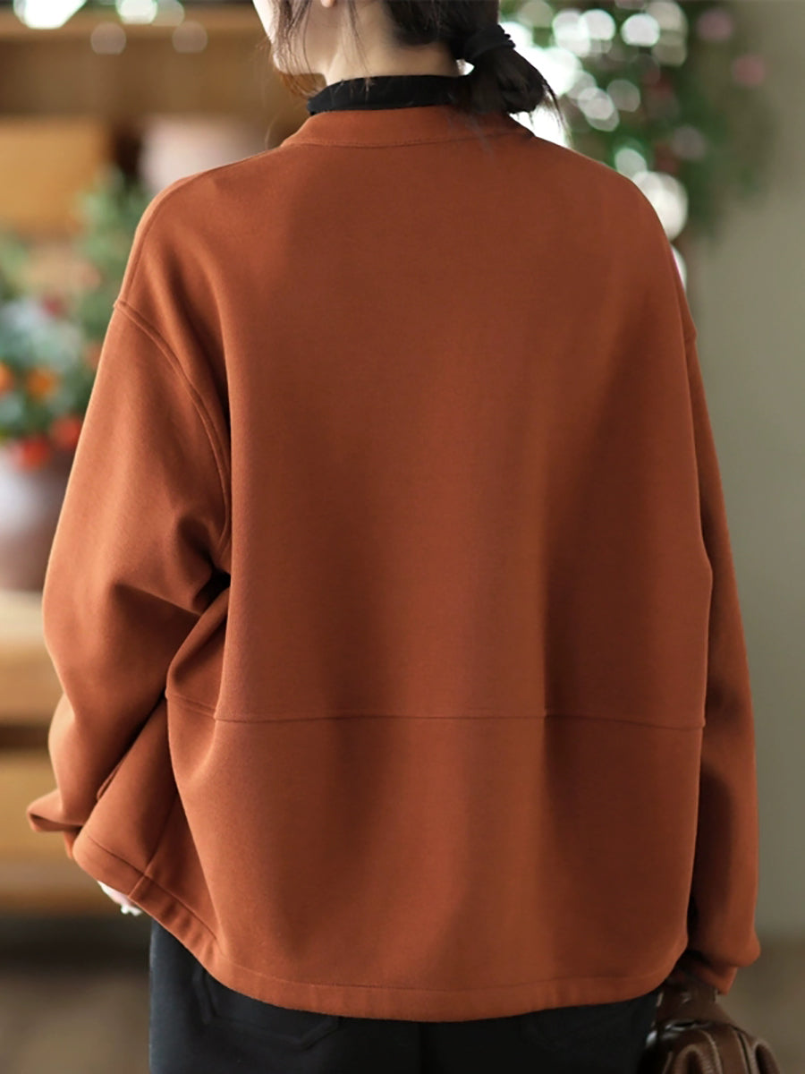 Women Autumn Pure Color O-Neck Cotton Coat