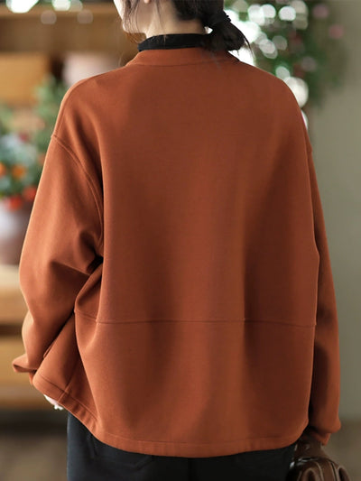 Women Autumn Pure Color O-Neck Cotton Coat