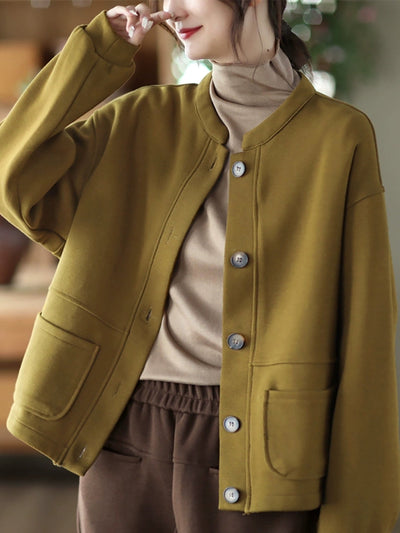 Women Autumn Pure Color O-Neck Cotton Coat
