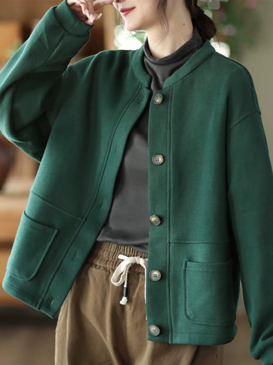 Women Autumn Pure Color O-Neck Cotton Coat