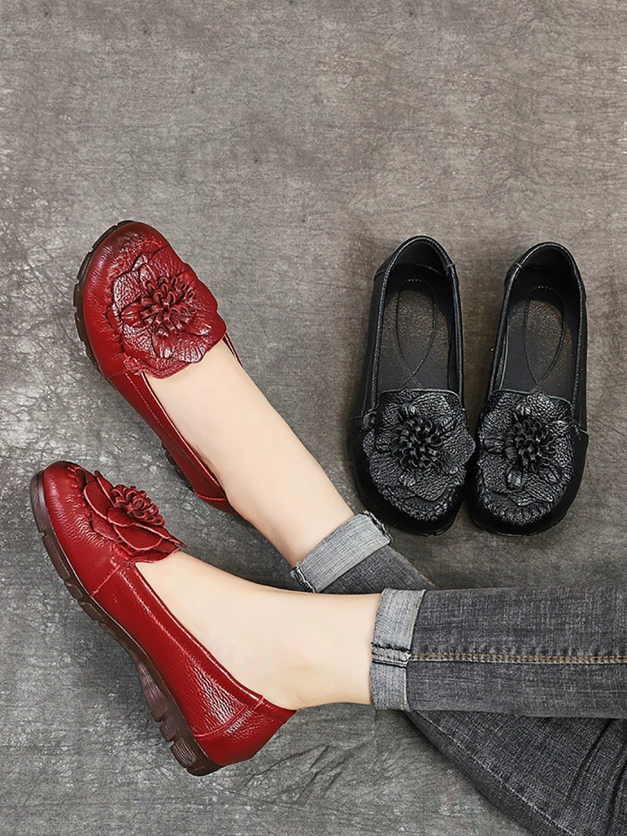 Women Summer Genuine Leather Flower Low Heel Shoes