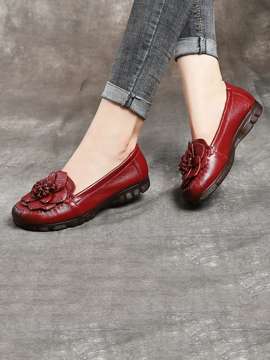 Women Summer Genuine Leather Flower Low Heel Shoes