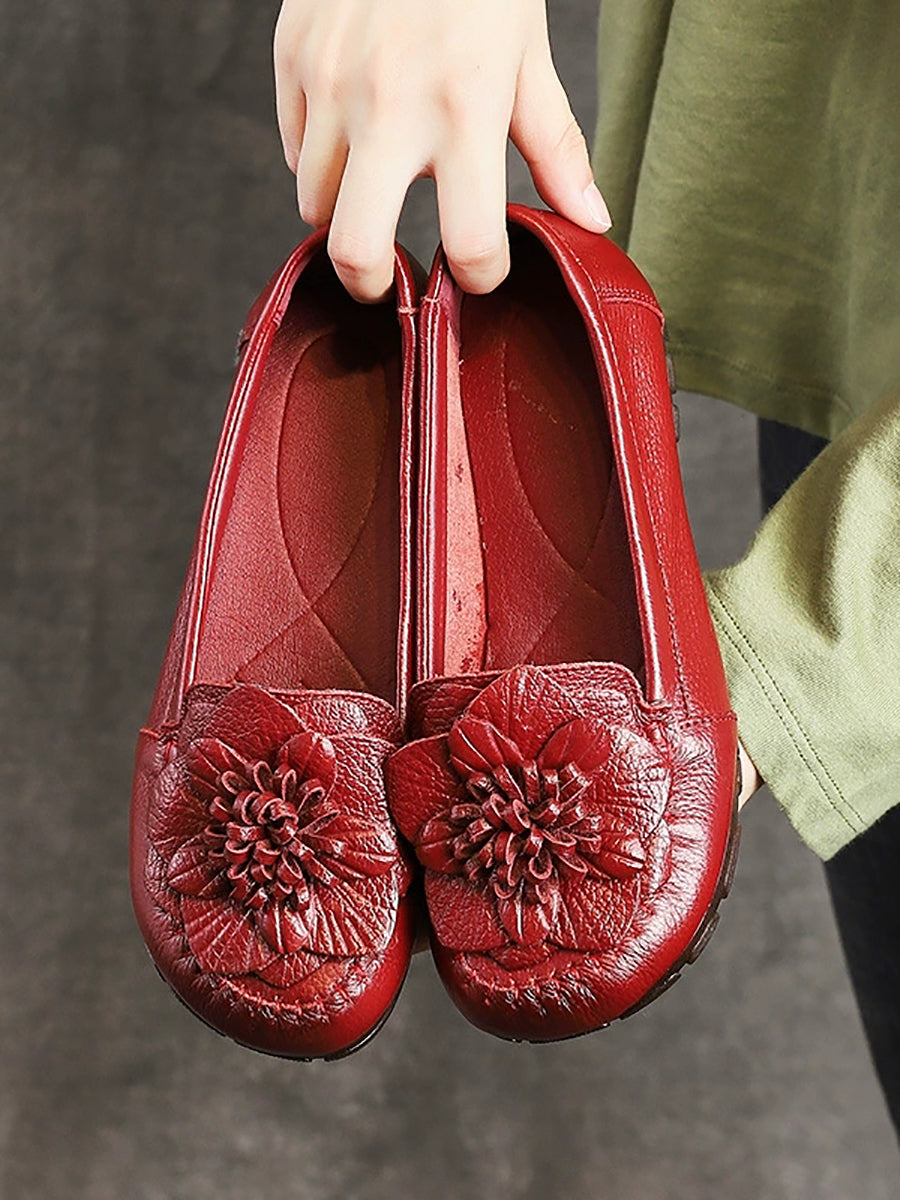Women Summer Genuine Leather Flower Low Heel Shoes