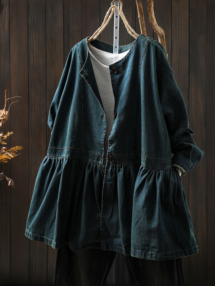 Women Autumn Artsy Pure Color Denim O-Neck Shirt Coat