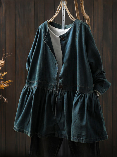 Women Autumn Artsy Pure Color Denim O-Neck Shirt Coat