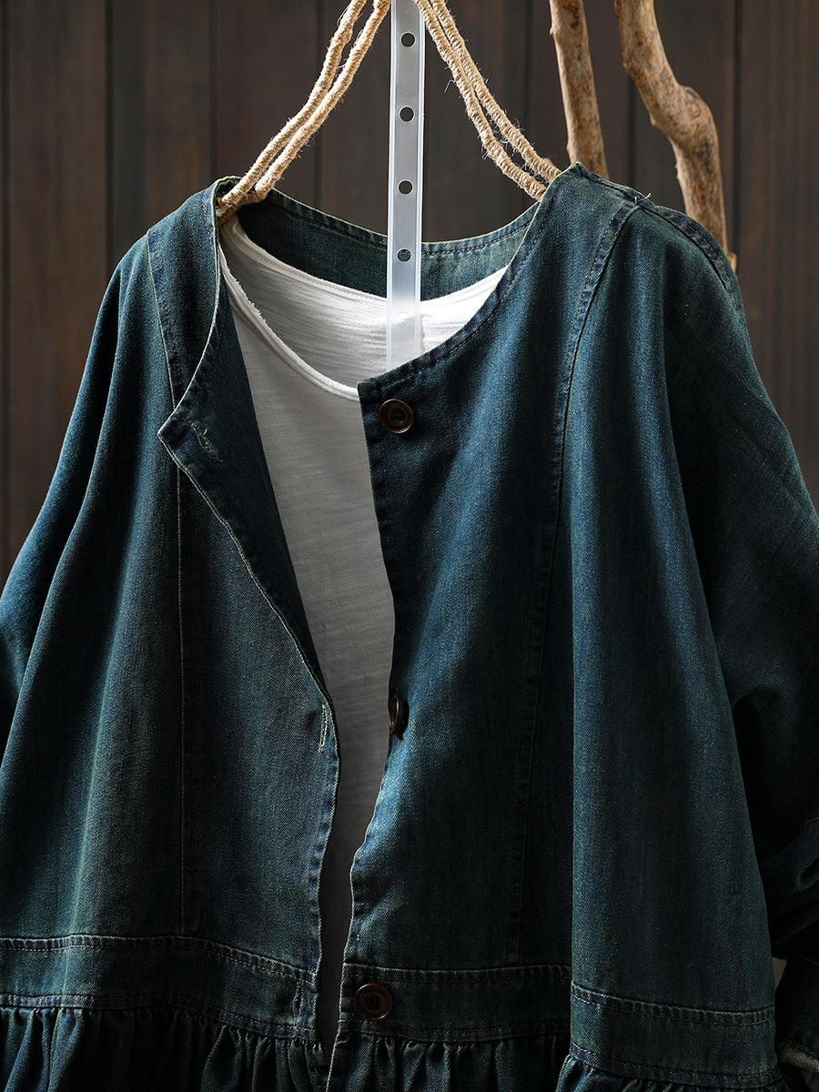 Women Autumn Artsy Pure Color Denim O-Neck Shirt Coat