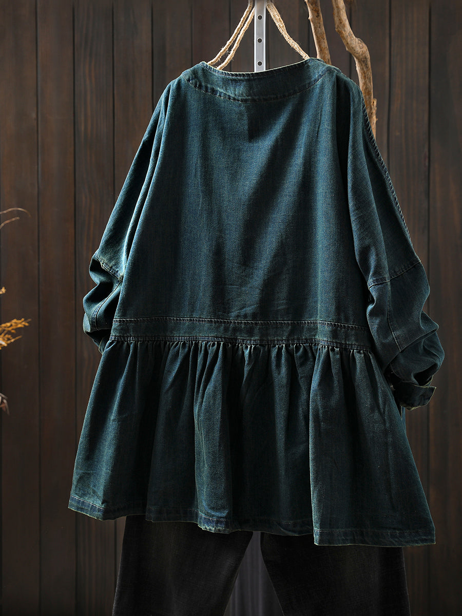 Women Autumn Artsy Pure Color Denim O-Neck Shirt Coat