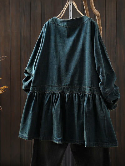 Women Autumn Artsy Pure Color Denim O-Neck Shirt Coat