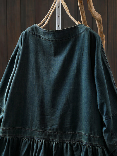 Women Autumn Artsy Pure Color Denim O-Neck Shirt Coat