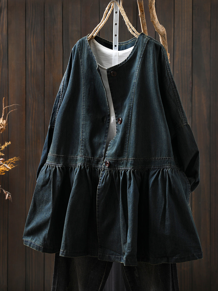 Women Autumn Artsy Pure Color Denim O-Neck Shirt Coat