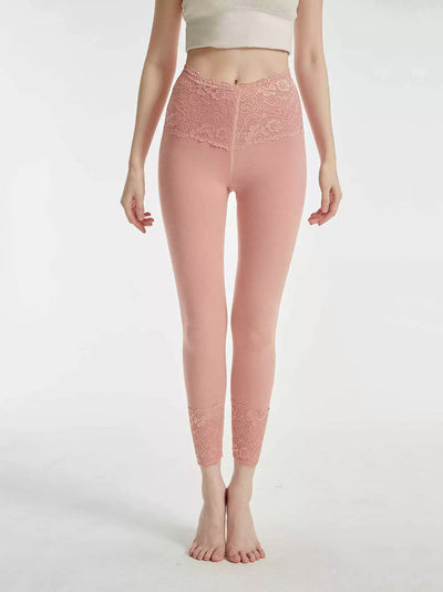 Women Autumn Pure Color Lace High Waist Leggings