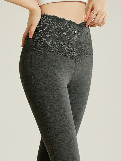 Women Autumn Pure Color Lace High Waist Leggings