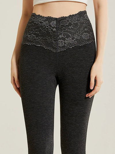 Women Autumn Pure Color Lace High Waist Leggings