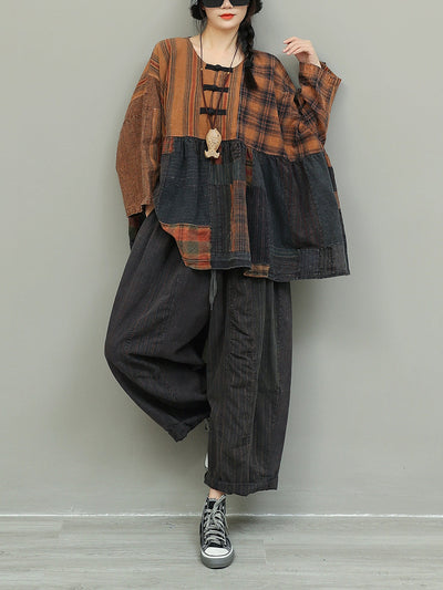 Women Autumn Retro Patchwork O-Neck Loose Cotton Suits