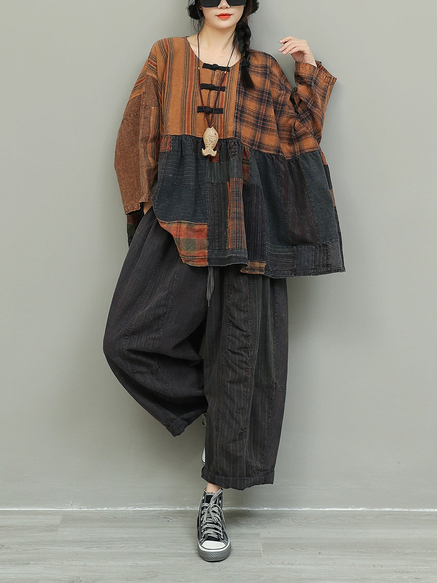 Women Autumn Retro Patchwork O-Neck Loose Cotton Suits